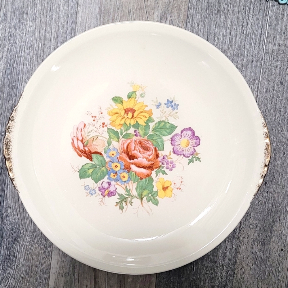 Vintage Paden City Pottery Floral Ceramic Oval Serving Platter with Gold Handles
